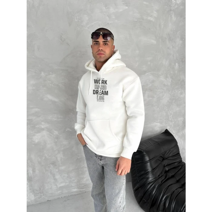 Kışlık Üç İplik Kapşonlu Sweatshirt - Beyaz
