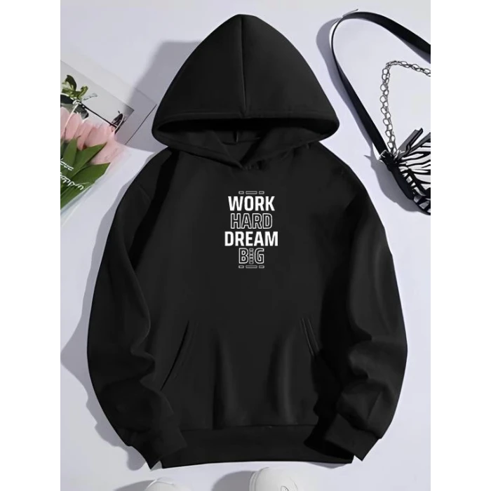 Kışlık Üç İplik Kapşonlu Sweatshirt - Siyah