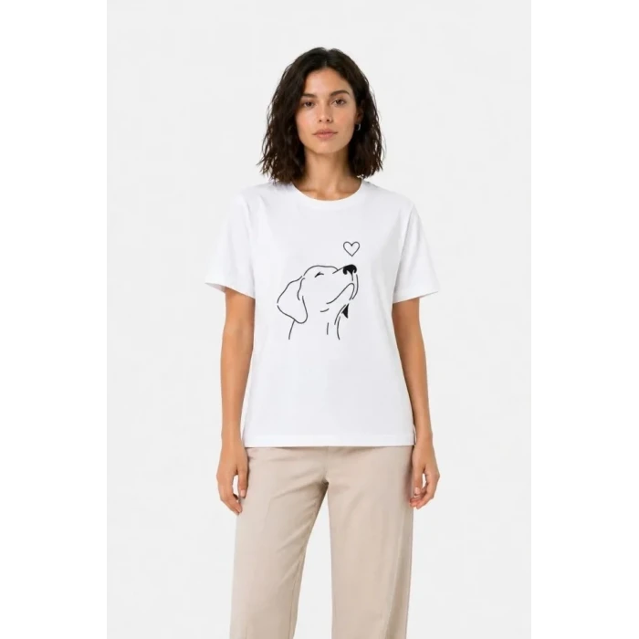 Köpek Figürlü Minimal Baskılı Tişört Kısa Kol Yazlık T-shirt - Beyaz