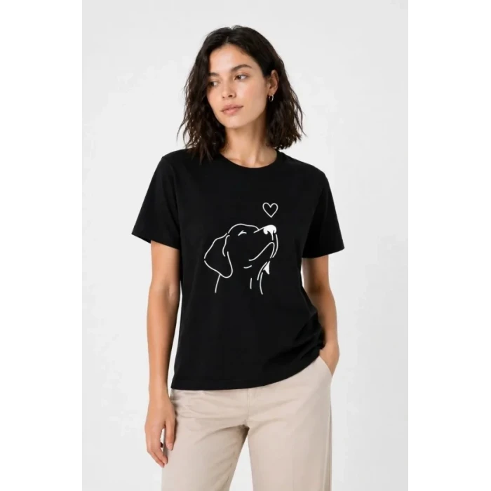 Köpek Figürlü Minimal Baskılı Tişört Kısa Kol Yazlık T-shirt - Siyah