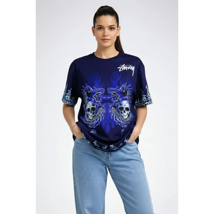 Lacivert Oversize Tişört Dragon - Kuru Kafa Baskılı Bisiklet Yaka T-shirt - Lacivert