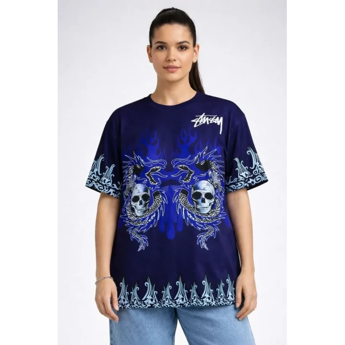 Lacivert Oversize Tişört Dragon - Kuru Kafa Baskılı Bisiklet Yaka T-shirt - Lacivert