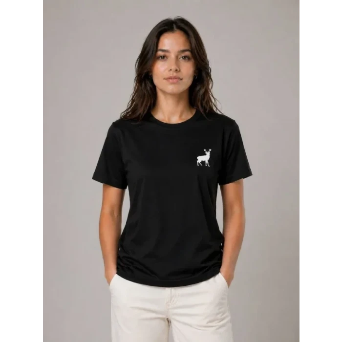 Minimal Geyik Logolu Tişört Bisiklet Yaka Kısa Kol Yazlık T-shirt - Siyah