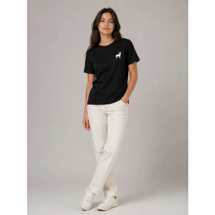 Minimal Geyik Logolu Tişört Bisiklet Yaka Kısa Kol Yazlık T-shirt - Siyah