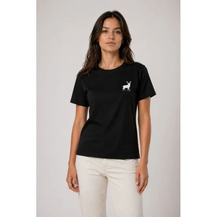Minimal Geyik Logolu Tişört Bisiklet Yaka Kısa Kol Yazlık T-shirt - Siyah