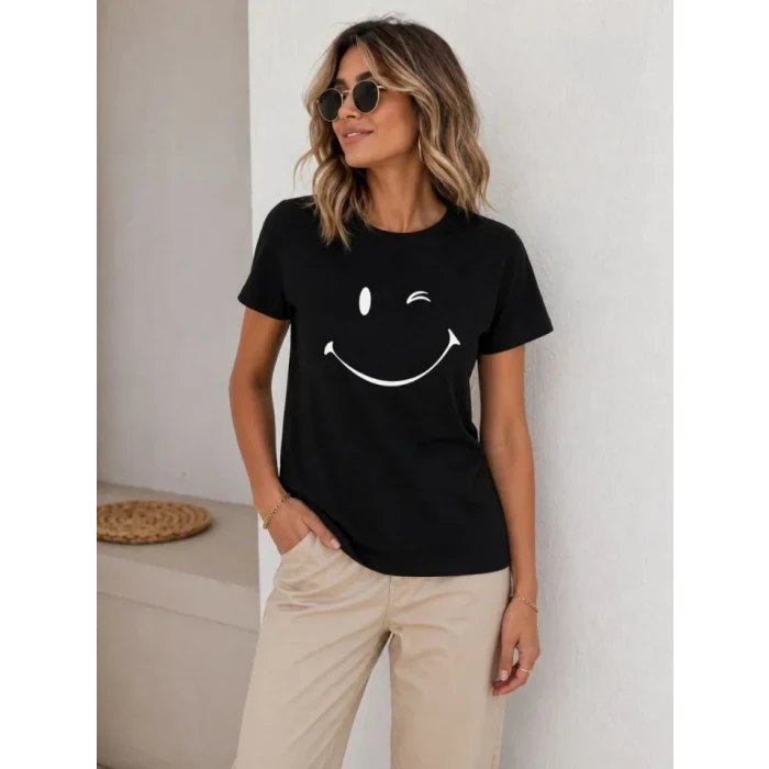 Minimal Gülümseyen Yüz Baskılı Tişört Kısa Kol Yazlık T-shirt - Siyah