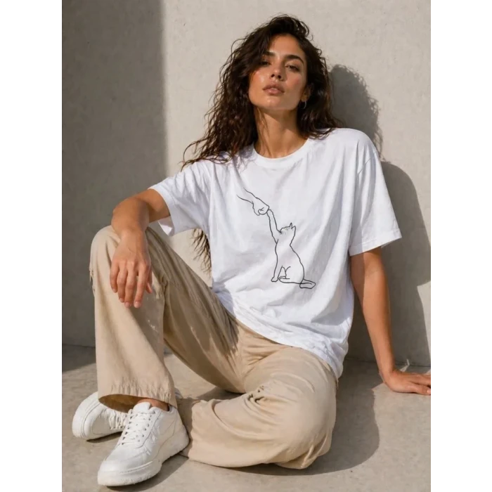 Minimal Kedi Çizim Baskılı Tişört Kısa Kol Yazlık T-shirt - Beyaz
