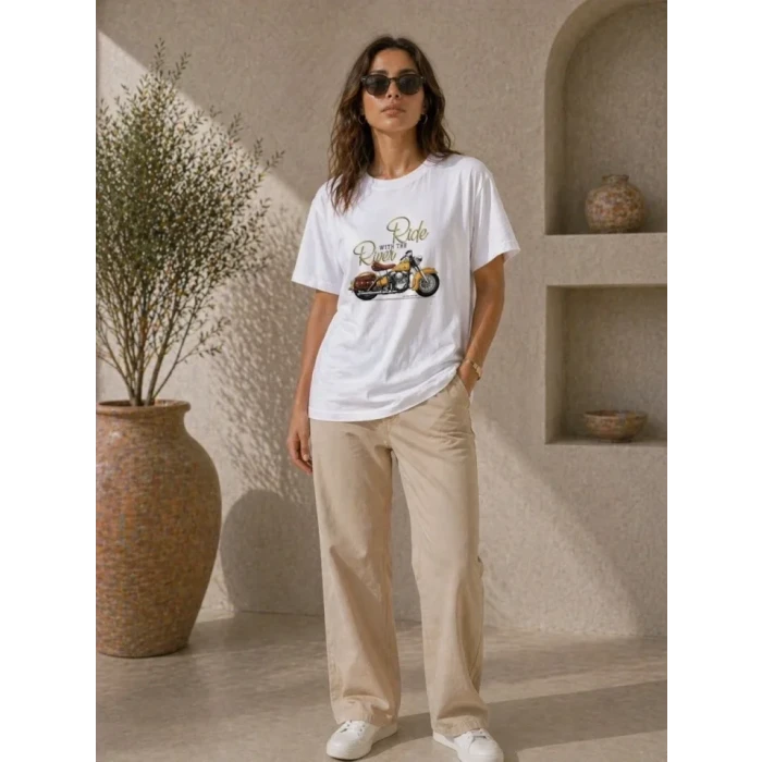 Motosiklet Baskılı Tişört Bisiklet Yaka Kısa Kol Yazlık T-shirt - Beyaz
