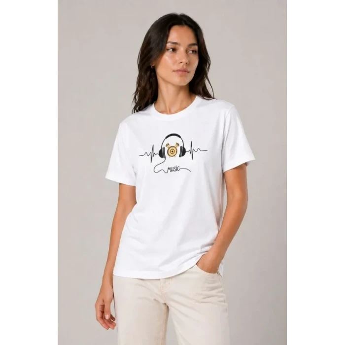 Müzik Temalı Baskılı Tişört Bisiklet Yaka Kısa Kol T-shirt - Beyaz