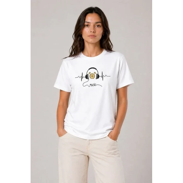 Müzik Temalı Baskılı Tişört Bisiklet Yaka Kısa Kol T-shirt - Beyaz