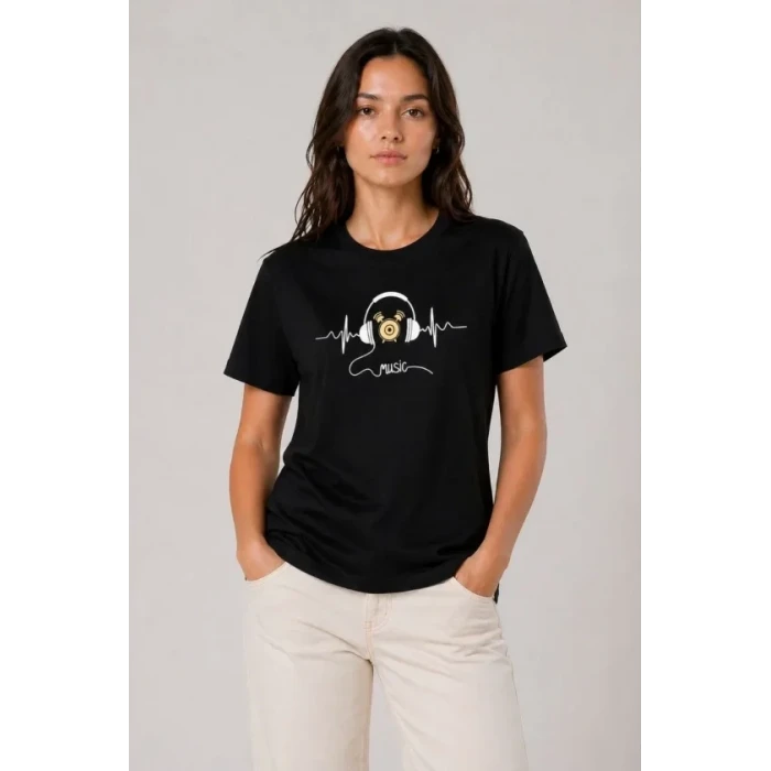 Müzik Temalı Baskılı Tişört Bisiklet Yaka Kısa Kol T-shirt - Siyah