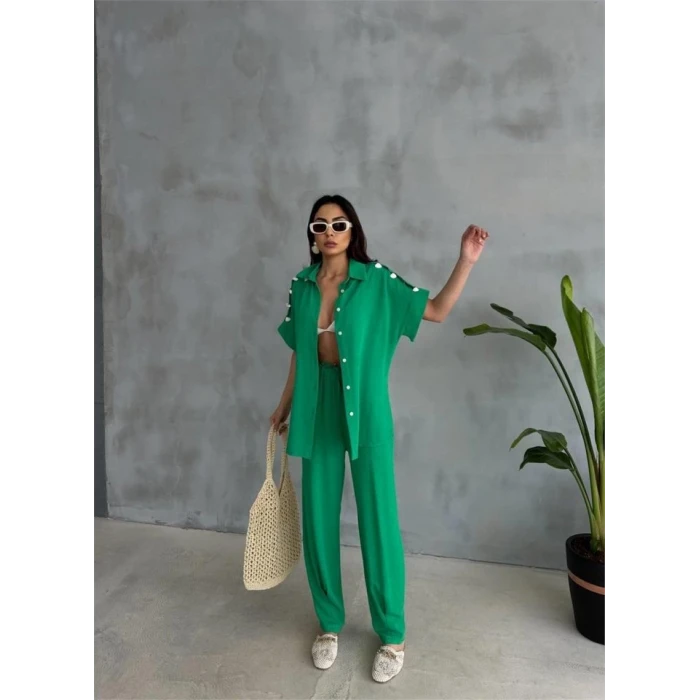 Omuz Midye Sıralı Bluz - Paça Pensli Pantolon Takım - Yeşil