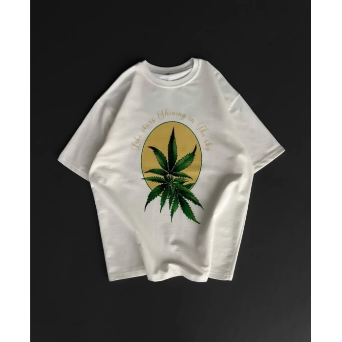 Ön Ve Arka Baskılı Oversize Bisiklet Yaka T-shirt- Beyaz