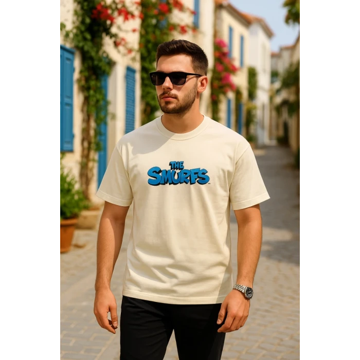 Ön Ve Arka Baskılı Oversize Bisiklet Yaka T-shirt- Beyaz