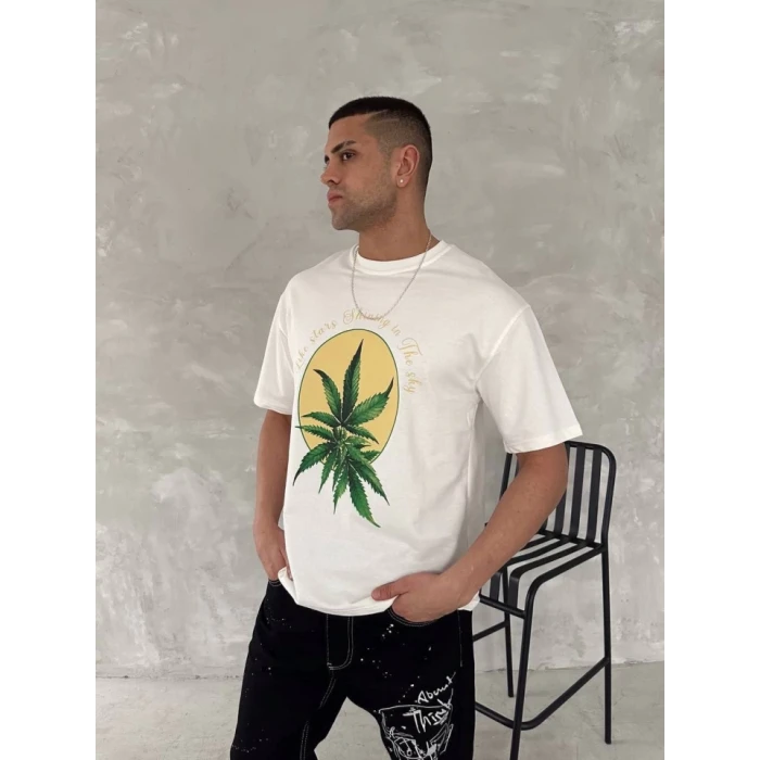 Ön Ve Arka Baskılı Oversize Bisiklet Yaka T-shirt- Beyaz