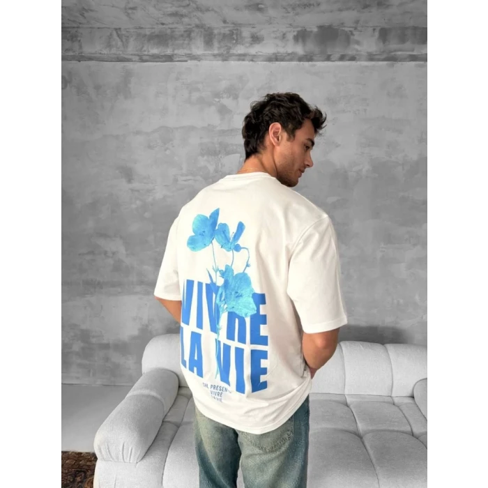 Ön Ve Arka Baskılı Oversize Bisiklet Yaka T-shirt- Beyaz