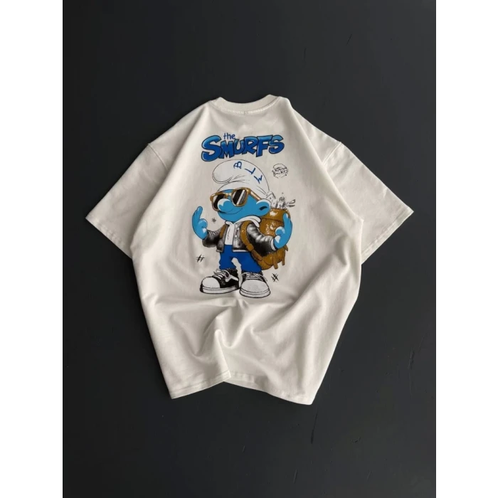 Ön Ve Arka Baskılı Oversize Bisiklet Yaka T-shirt- Beyaz