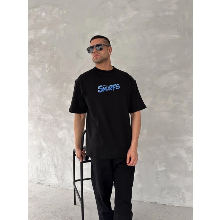 Ön Ve Arka Baskılı Oversize Bisiklet Yaka T-shirt- Siyah