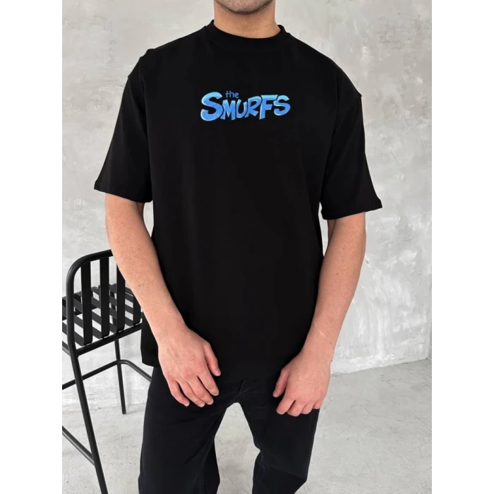 Ön Ve Arka Baskılı Oversize Bisiklet Yaka T-shirt- Siyah