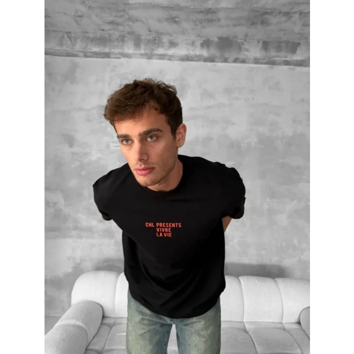 Ön Ve Arka Baskılı Oversize Bisiklet Yaka T-shirt- Siyah