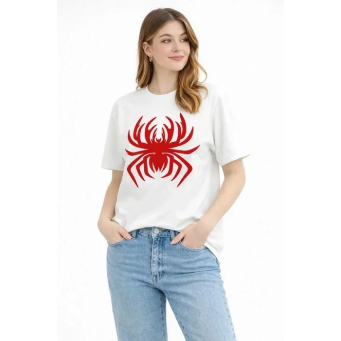Örümcek Baskılı Tişört Kısa Kollu Bisiklet Yaka T-shirt - Beyaz