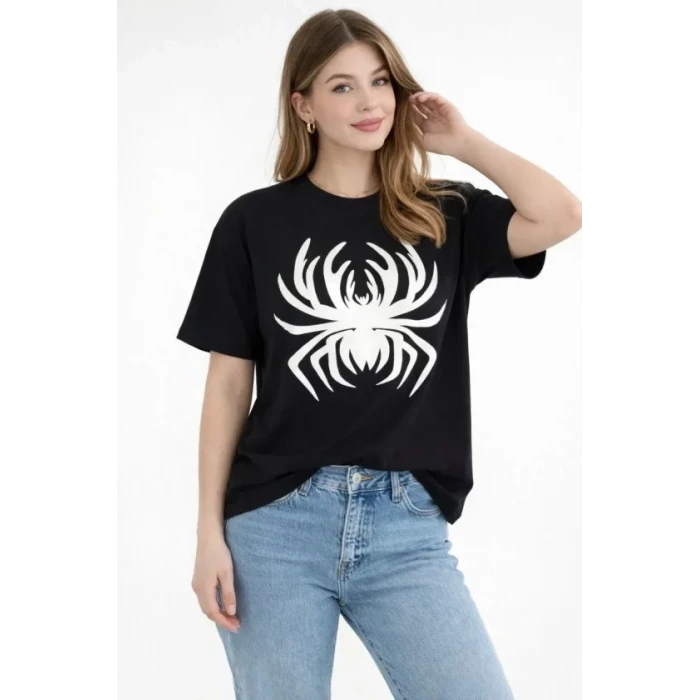 Örümcek Baskılı Tişört Kısa Kollu Bisiklet Yaka T-shirt - Siyah