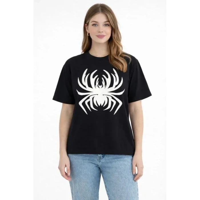 Örümcek Baskılı Tişört Kısa Kollu Bisiklet Yaka T-shirt - Siyah