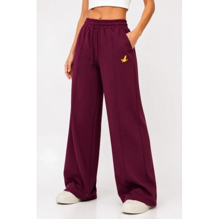 Osy Modal Yumuşak Dokulu Cima Dikişli Nakışlı Cepli Oversize Bol Paça Eşofman Altı - Bordo