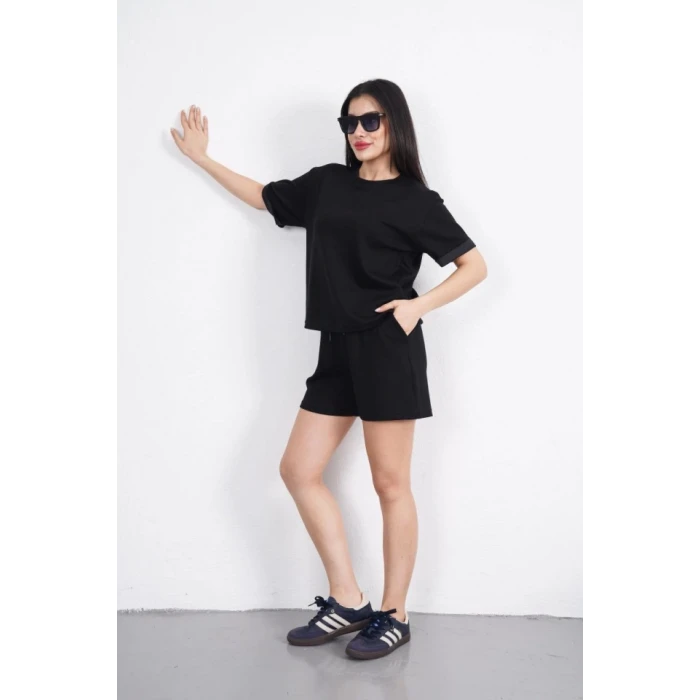 Osy Modal Yumuşak Dokulu Kumaş Bisiklet Yaka T-shirt Kısa Şort İkili Takım - Siyah