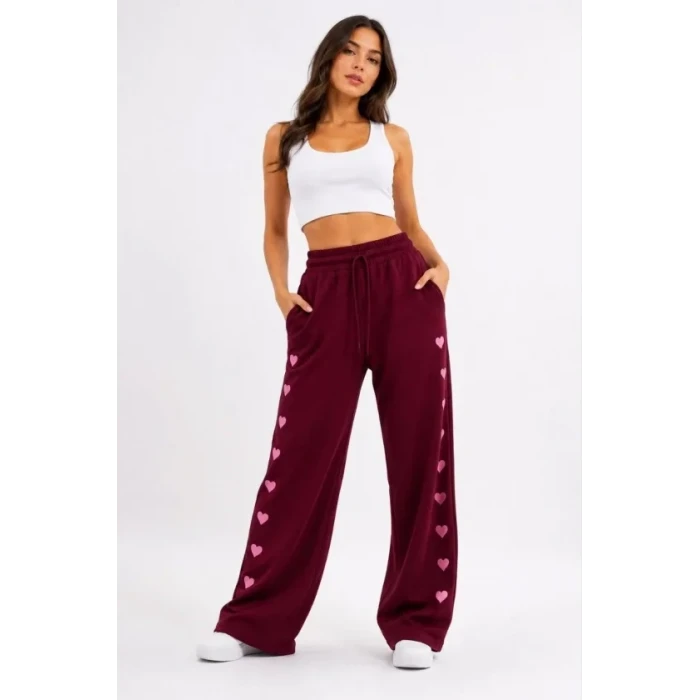 Osy Modal Yumuşak Dokulu Nakışlı Cepli Oversize Bol Paça Eşofman Altı - Bordo