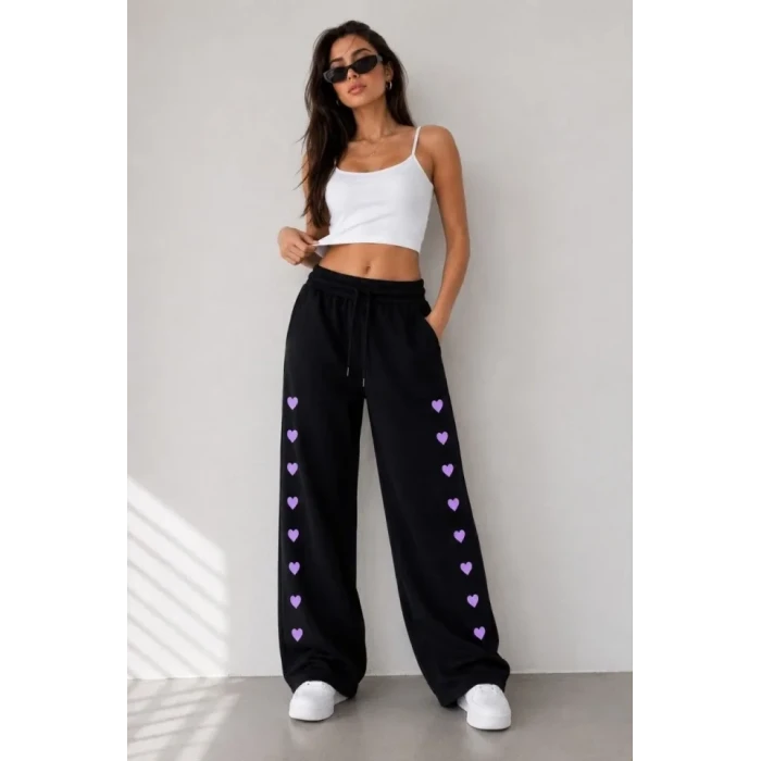 Osy Modal Yumuşak Dokulu Nakışlı Cepli Oversize Bol Paça Eşofman Altı - Siyah