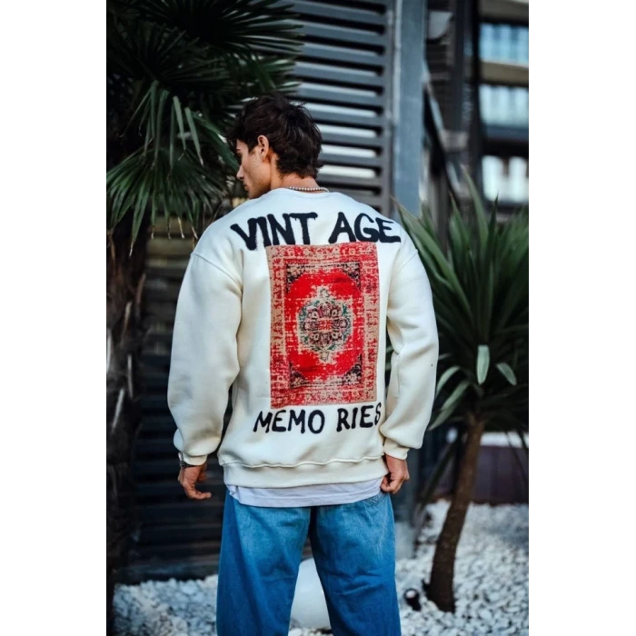 Oversize Bisiklet Yaka Üç İplik Baskılı Sweatshirt - Beyaz
