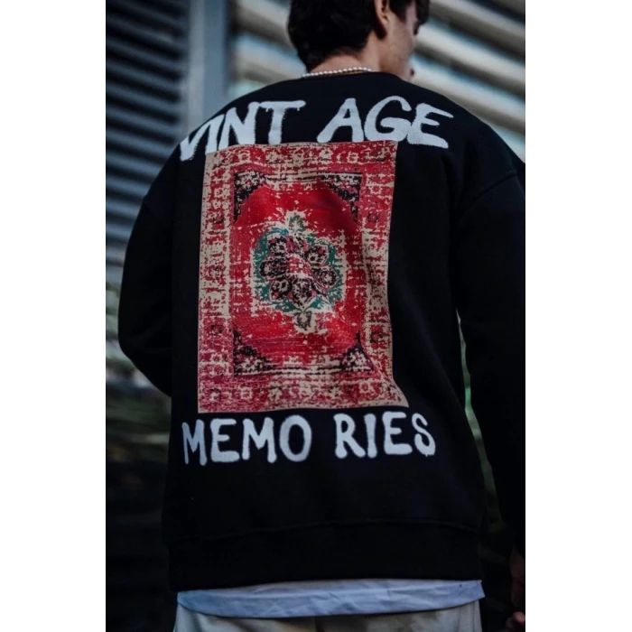 Oversize Bisiklet Yaka Üç İplik Baskılı Sweatshirt - Siyah