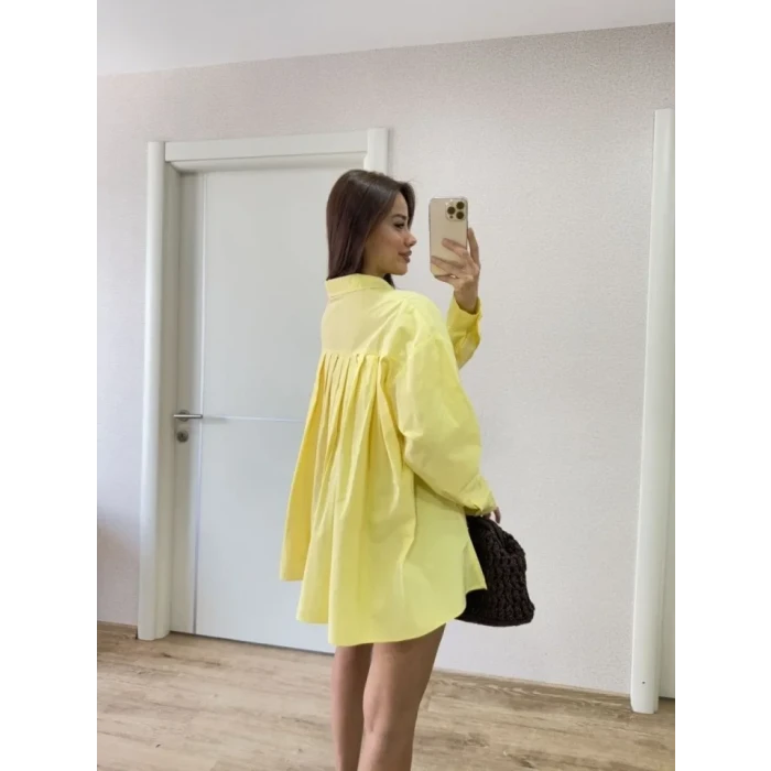 Oversize Pens Detaylı Cepli Yırtmaçlı Rahat Kalıp Poplin Gömlek - Sarı