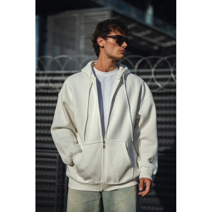 Oversize Tam Fermuarlı Uzun Kol Hırka - Beyaz