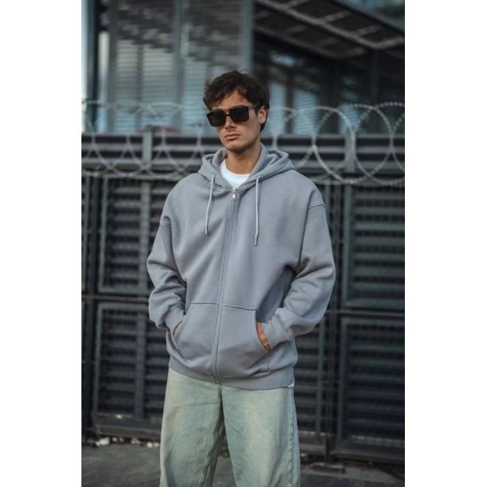 Oversize Tam Fermuarlı Uzun Kol Hırka - Gri