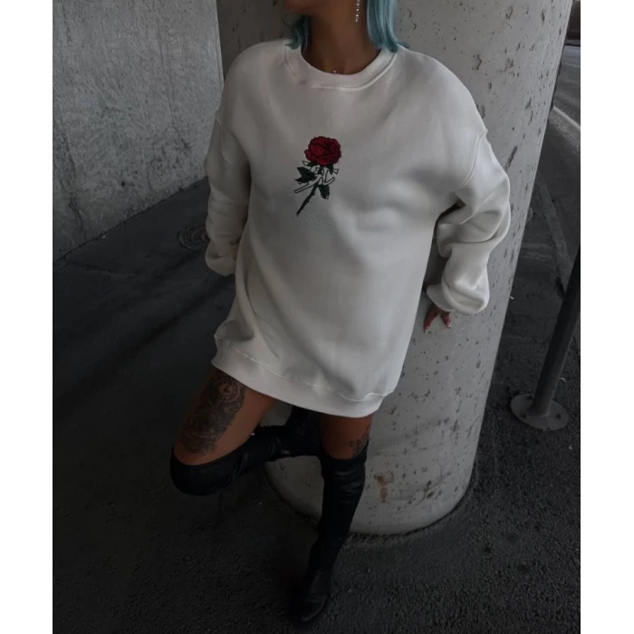 Oversize Üç İplik Bisiklet Yaka Baskılı Sweatshirt - Beyaz