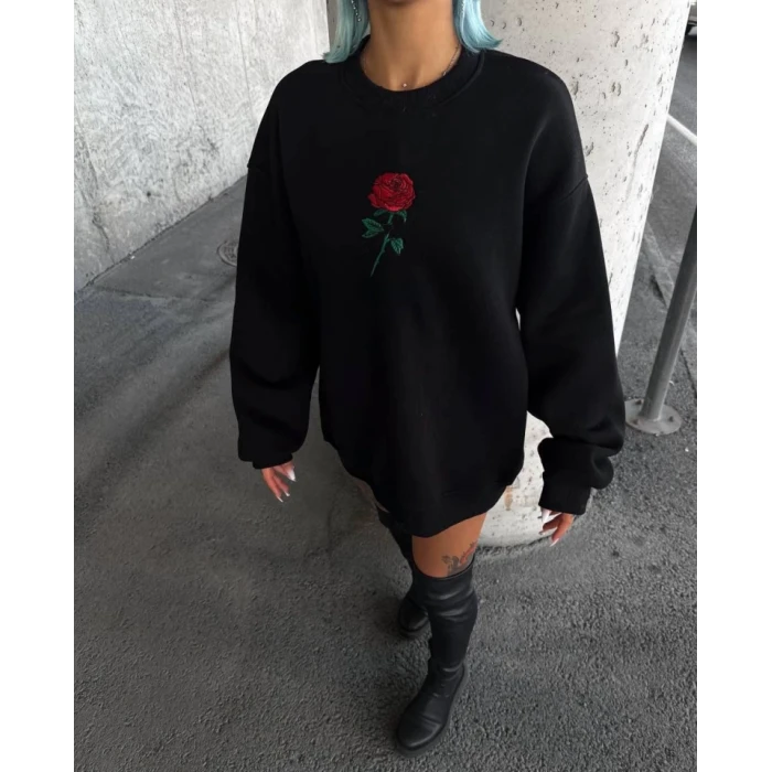 Oversize Üç İplik Bisiklet Yaka Baskılı Sweatshirt - Siyah