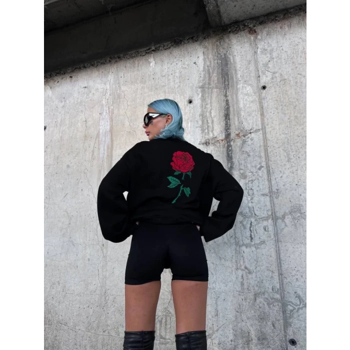 Oversize Üç İplik Bisiklet Yaka Baskılı Sweatshirt - Siyah