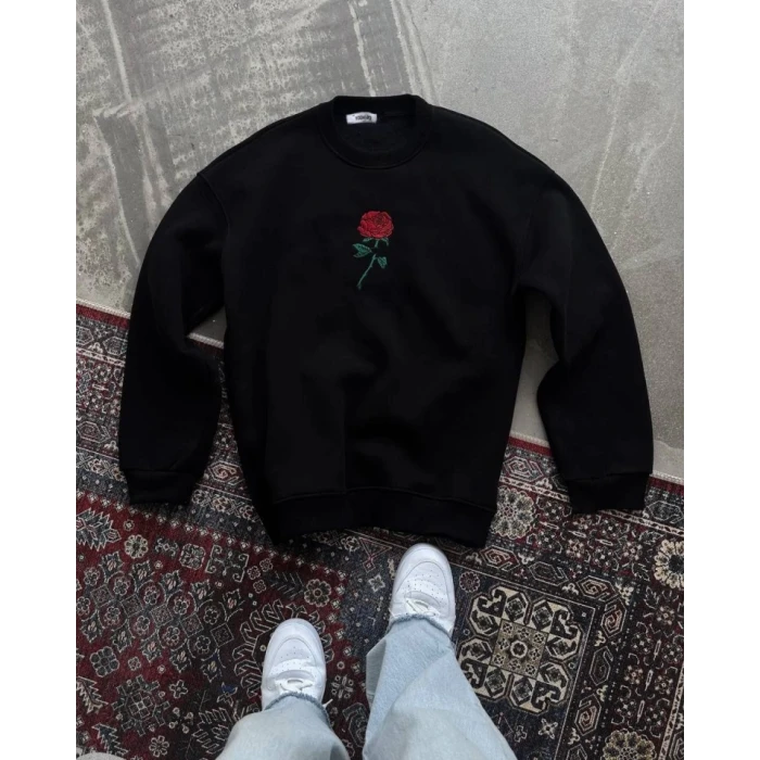 Oversize Üç İplik Bisiklet Yaka Baskılı Sweatshirt - Siyah
