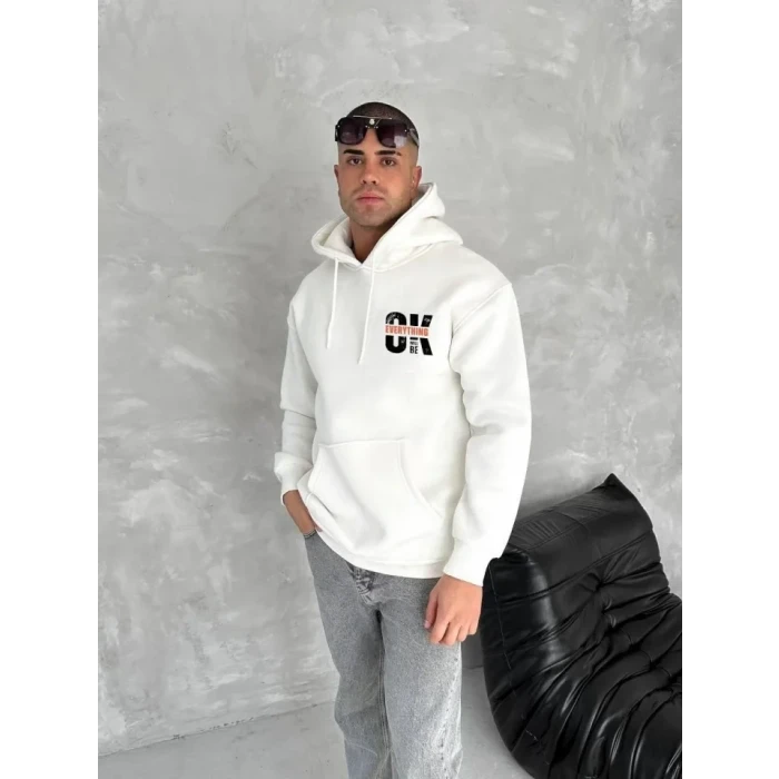Oversize Üç İplik Kapüşonlu SweatShirt - Beyaz