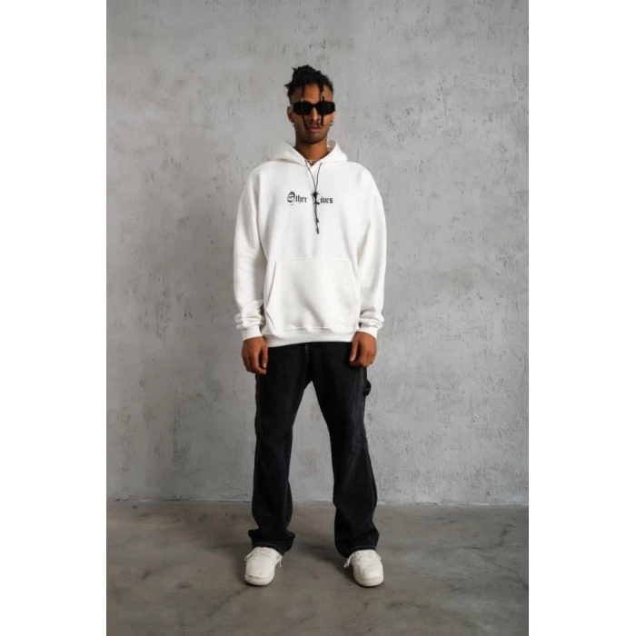 Oversize Üç İplik Şardonlu Kapüşonlu Sweatshirt – Beyaz “other Lives” Ön Ve Arka Baskılı, Kanguru Cepli, Ribanalı Rahat Kışlık Model Beyaz