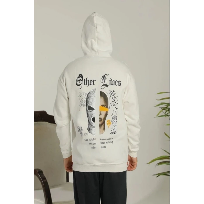 Oversize Üç İplik Şardonlu Kapüşonlu Sweatshirt – Beyaz “other Lives” Ön Ve Arka Baskılı, Kanguru Cepli, Ribanalı Rahat Kışlık Model Beyaz
