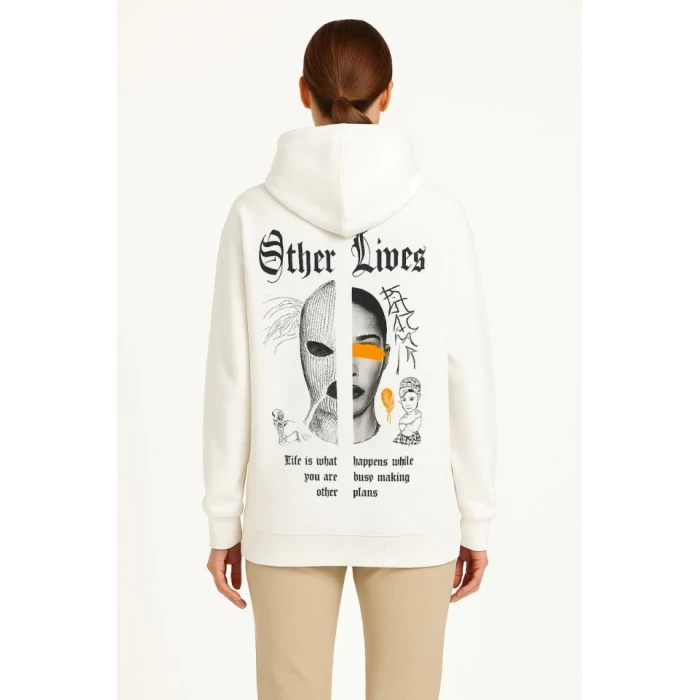 Oversize Üç İplik Şardonlu Kapüşonlu Sweatshirt – Beyaz “other Lives” Ön Ve Arka Baskılı, Kanguru Cepli, Ribanalı Rahat Kışlık Model Beyaz