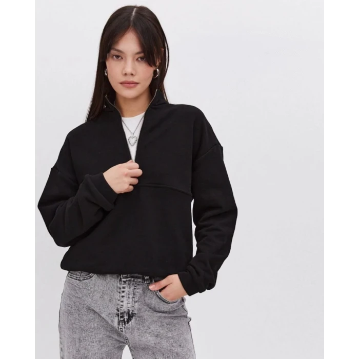 Oversize Yarım Farmuarlı Yakalı Basic Sweatshirt - Siyah