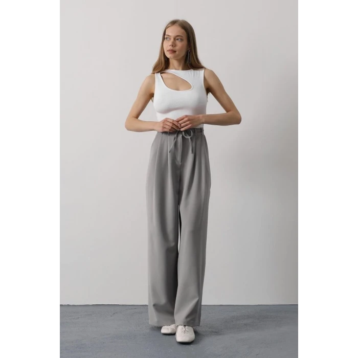 Pileli Bağcıklı Oversize Pantolon - Gri