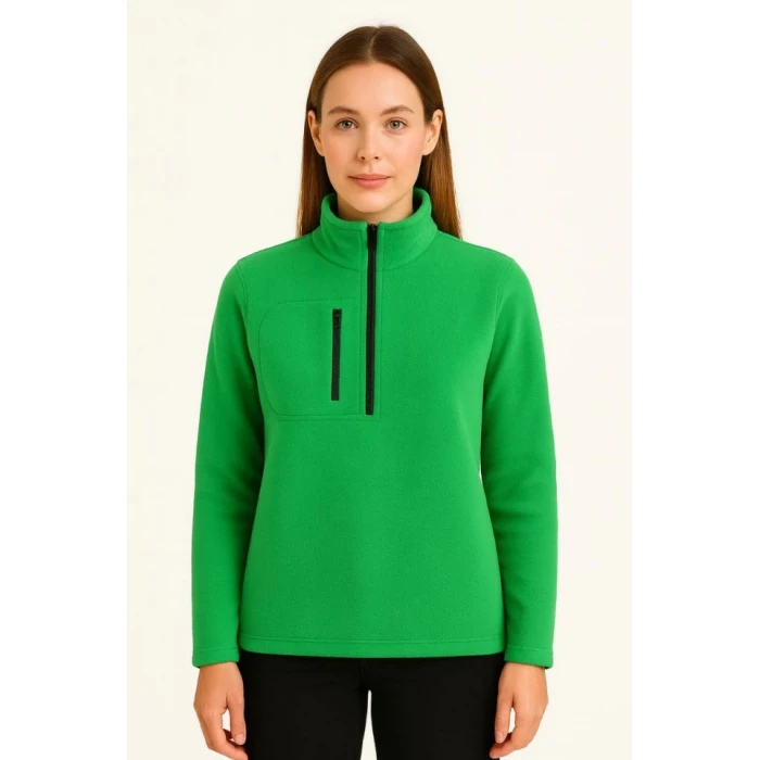 Polar Kazak – Dik Yaka, Yarım Fermuarlı, Fermuarlı Göğüs Cepli, Siyah Biyeli, Kışlık Rahat Regular Fit Günlük Model - Yeşil