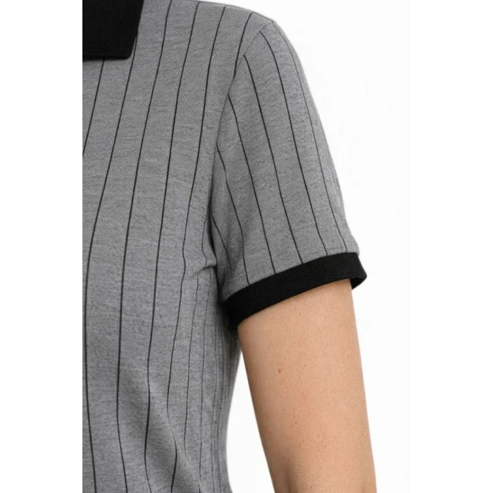Polo Yaka Çizgili Tişört Kısa Kol Düğmeli Yazlık T-shirt - Gri