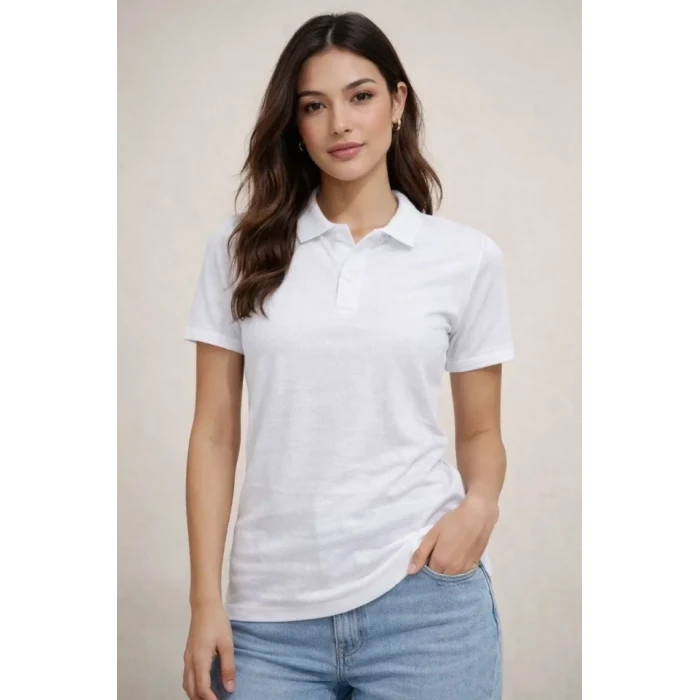 Polo Yaka Pike Kumaş Düğmeli Basic Tişört T-shirt Günlük Rahat - Beyaz