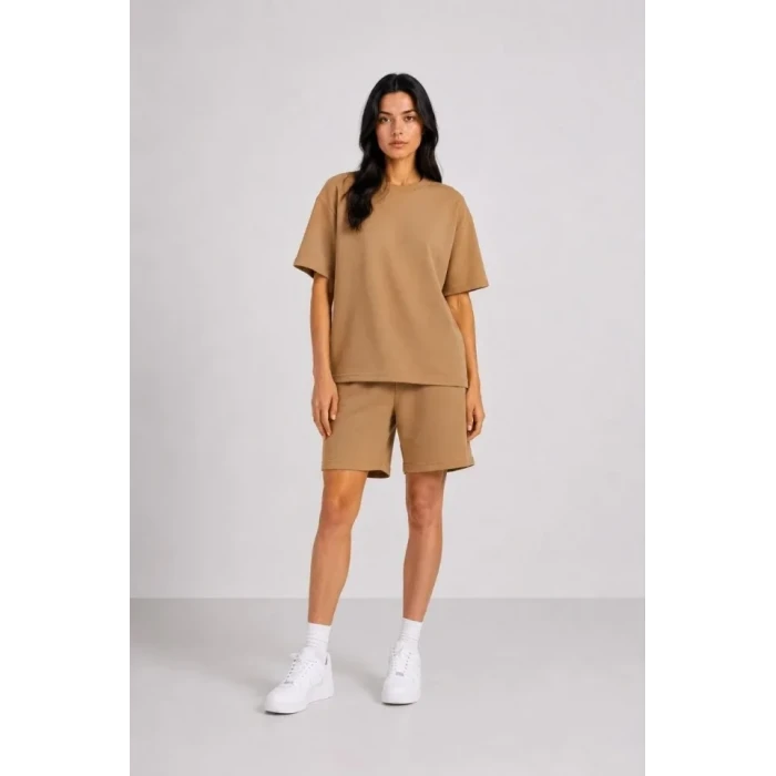 Premium Osy Modal Yumuşak Dokulu Tişört Cepli Şort Alt Üst Takım - Kahverengi